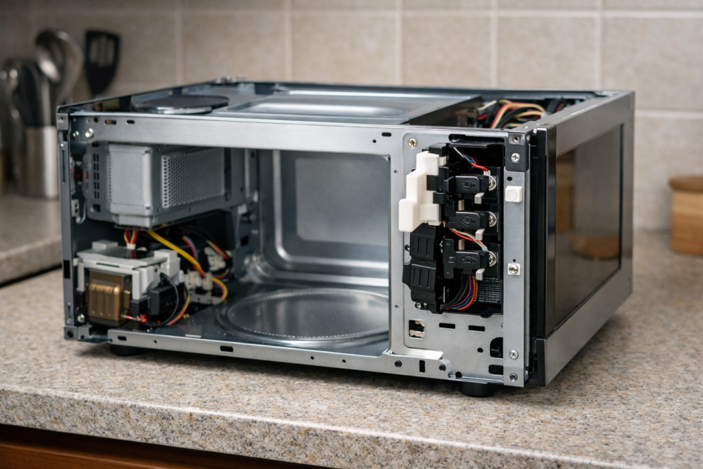 Microwave door switch assembly located near the door latch inside a countertop microwave.