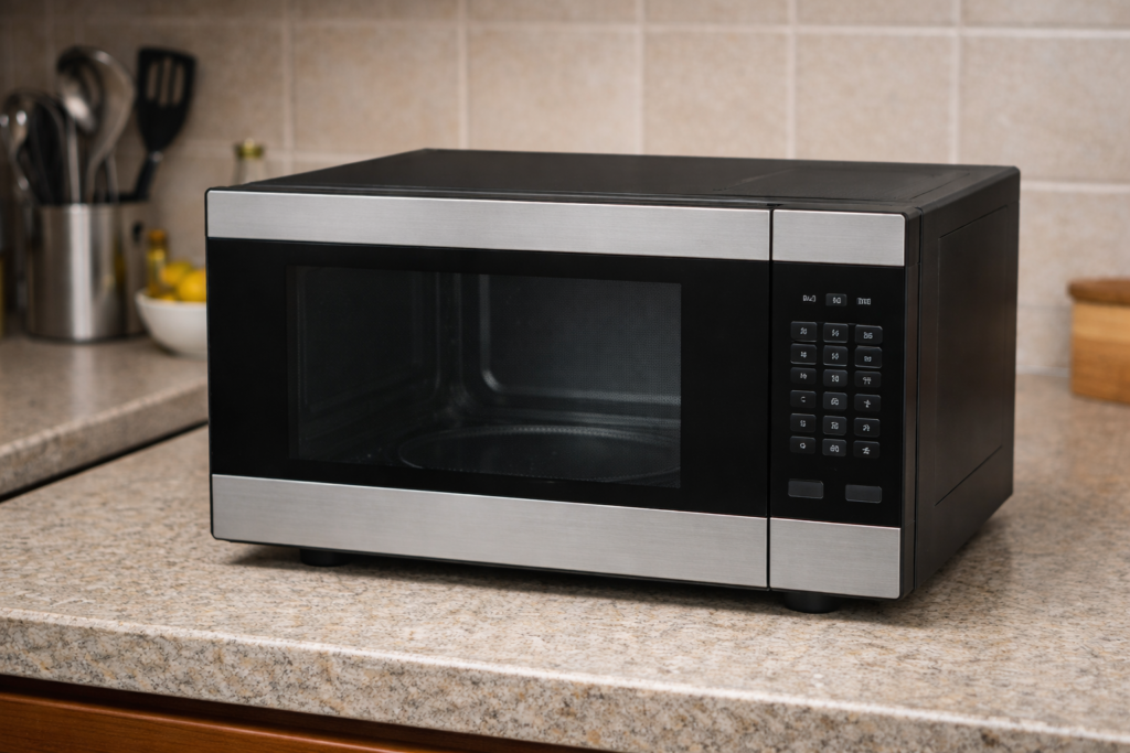 Microwave oven with display on but not running due to possible door switch failure.