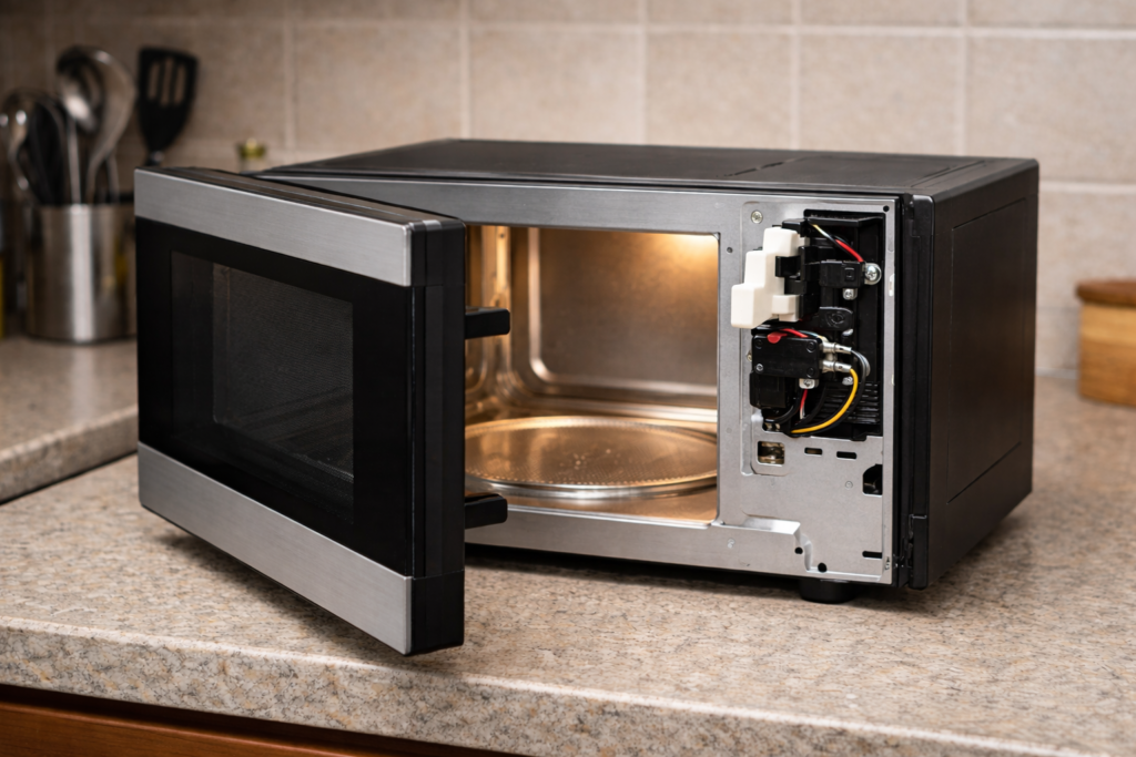 Microwave door slightly open showing latch area where door switch activates.