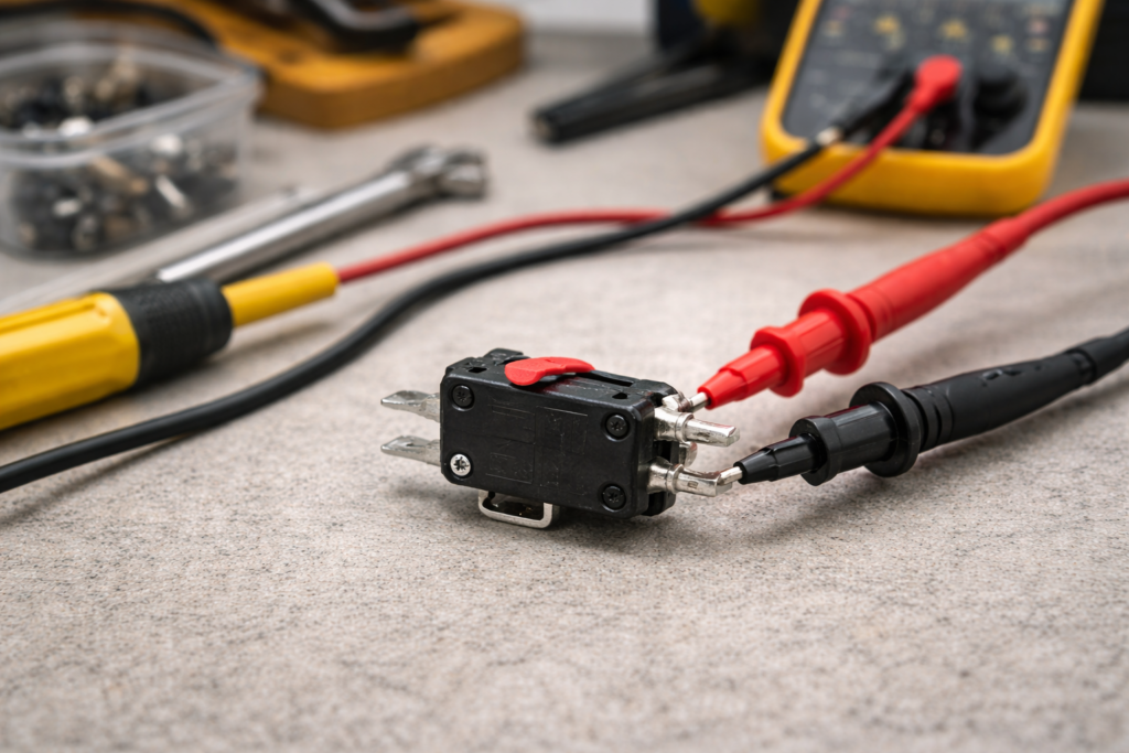 Testing a microwave door switch using a multimeter.