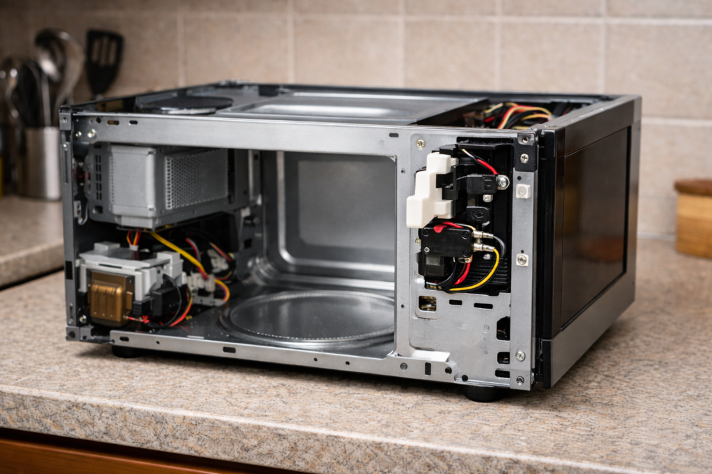 Location of microwave door switch bracket inside the front frame near the door latch.