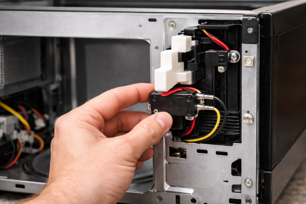Removing a microwave door switch from the mounting bracket during replacement.