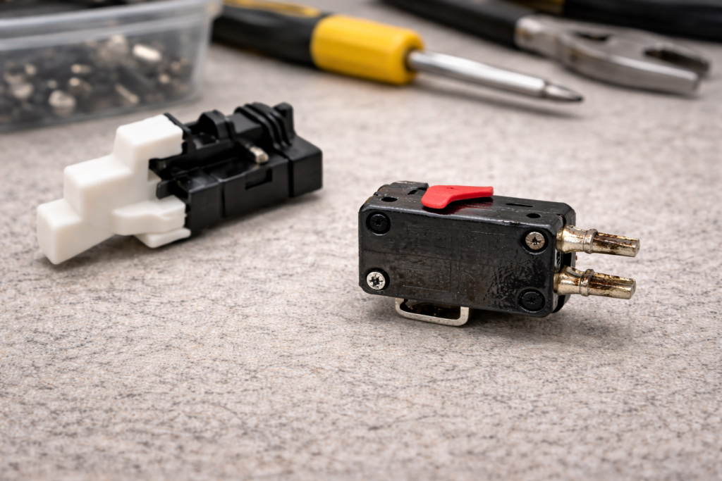 Worn microwave door switch component showing signs of electrical wear.