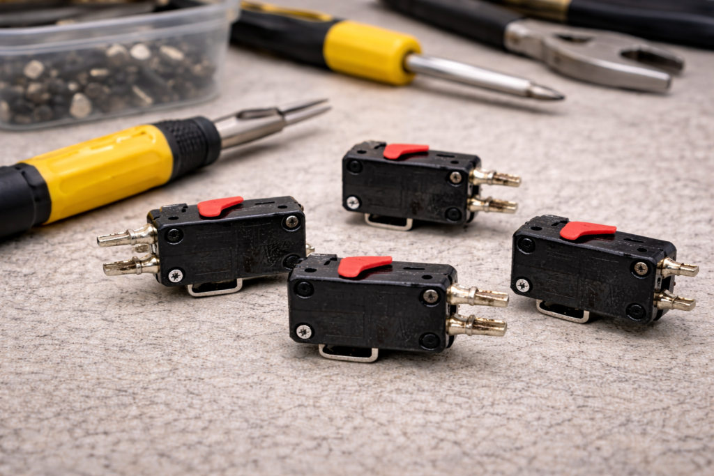 Replacement microwave door switches and repair tools on a workbench.