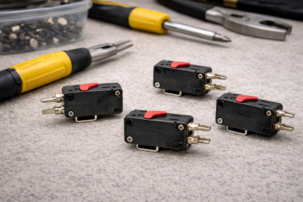 Several universal microwave door switch replacement parts on a workbench.