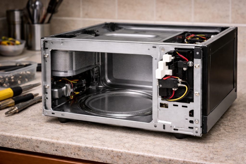 Door switch mounting bracket inside a microwave appliance frame.