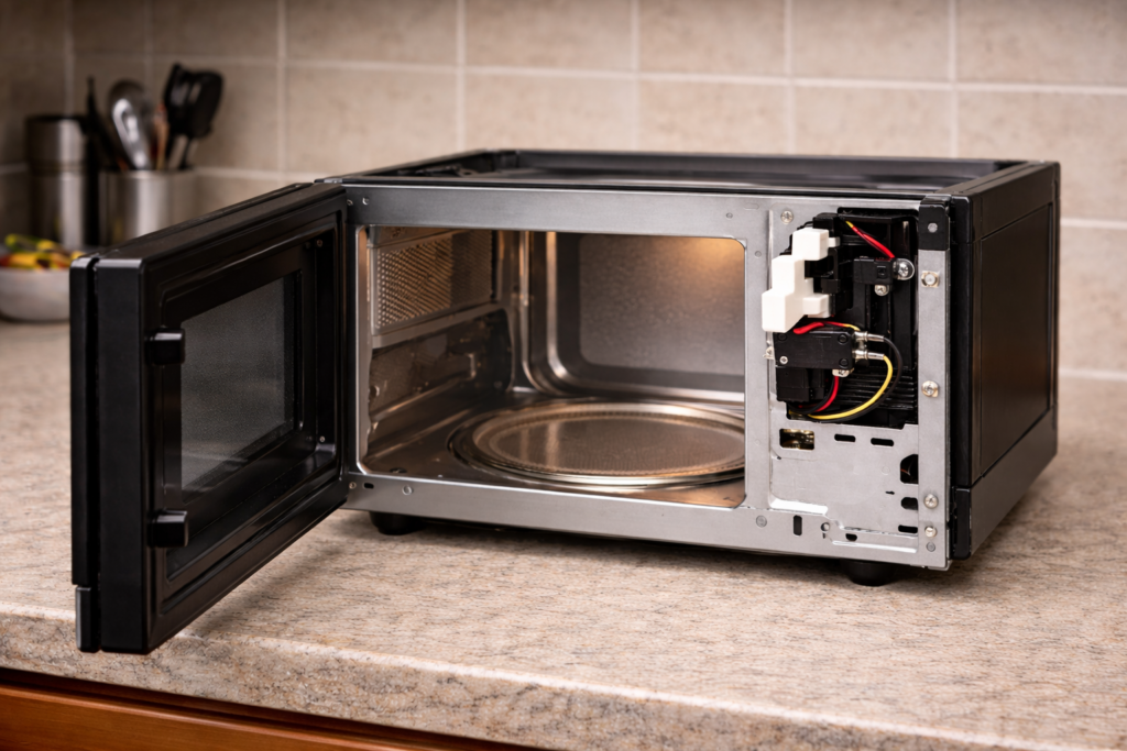 Microwave door latch area where the door switch activates.