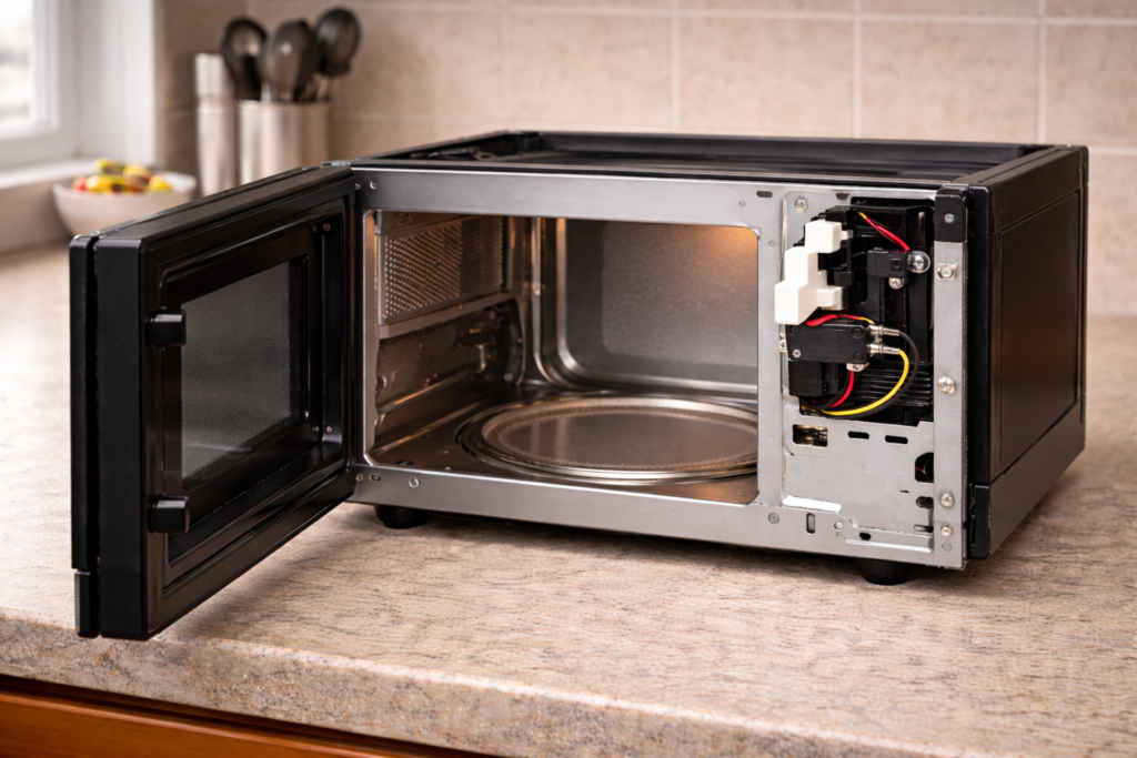 Microwave door latch area where the door switch mechanism is located.